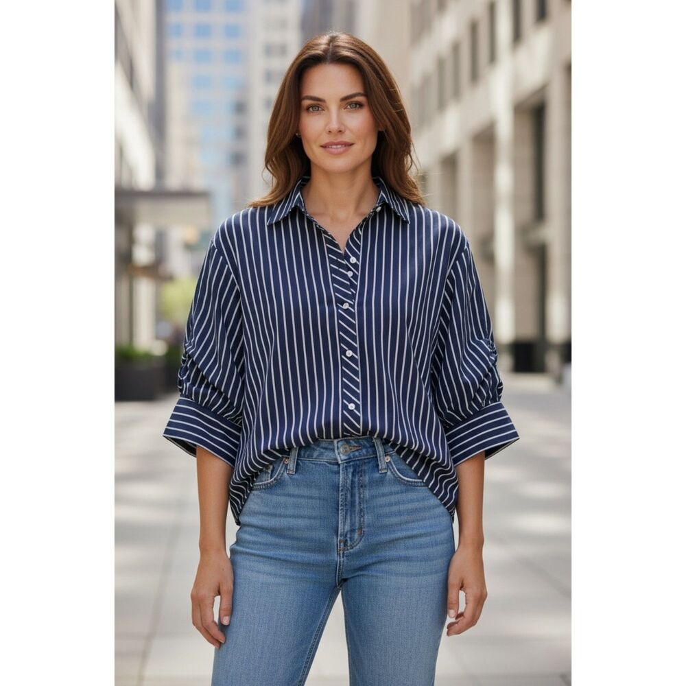 ZARA Blue White Striped Button Down Shirt Women XS Long Sleeve Blouse Top